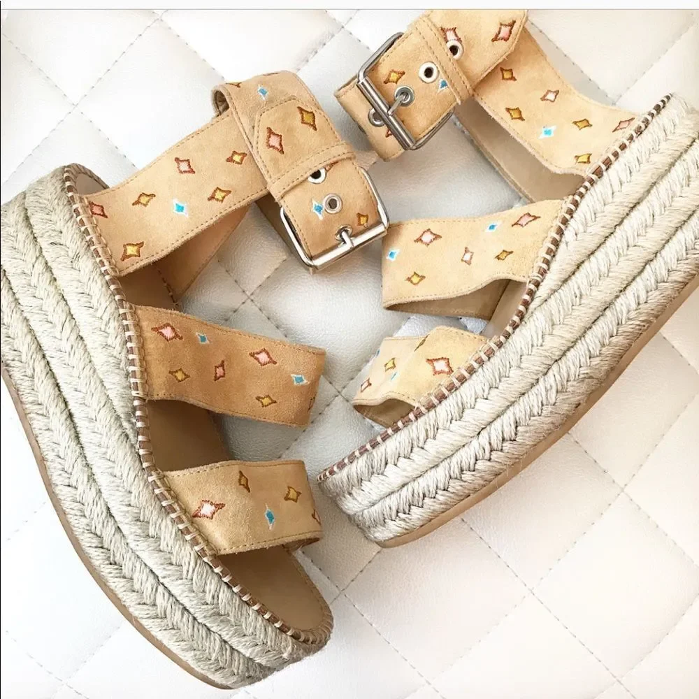 Rag & Bone 8.5 Tara Embroidered suede espadrille platform buckle southwestern